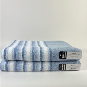 DKNY Bath Towels Eco Hue Blue and White Striped Plush Cotton Set of 2 NEW